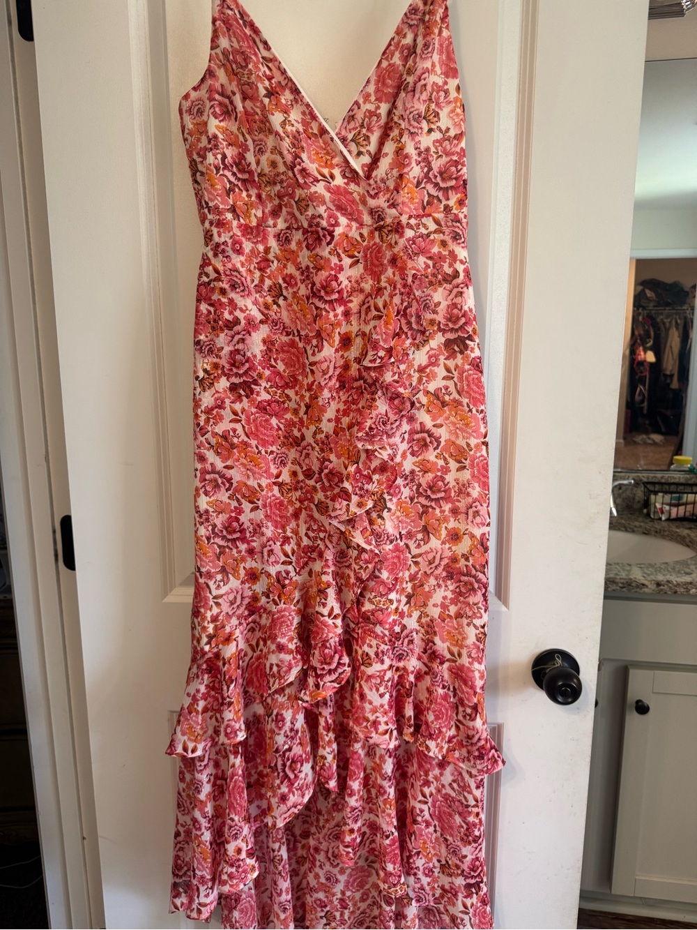 Lulu's Pink Floral Asymmetrical Ruffle Dress